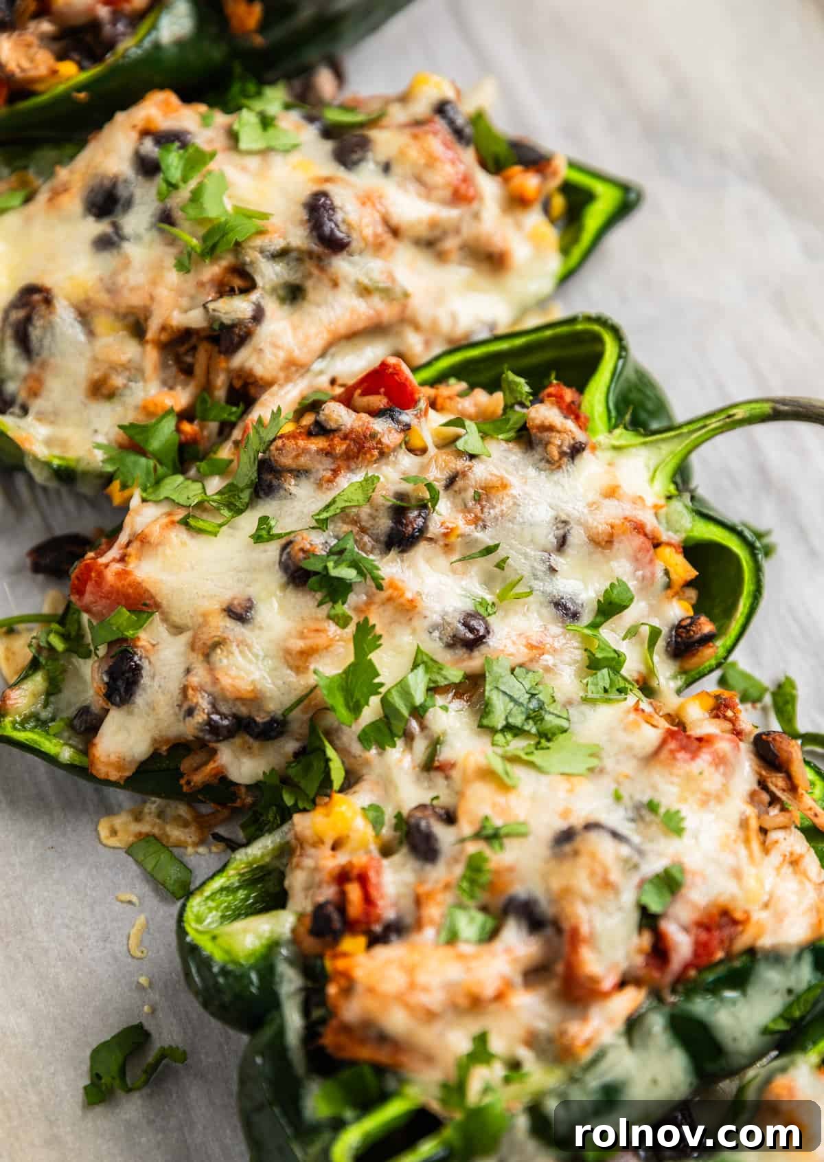 Savory Chicken Poblano Boats 9 Close-up of baked chicken stuffed poblano peppers, perfectly topped with melted cheese and fresh cilantro, arranged on a baking sheet.