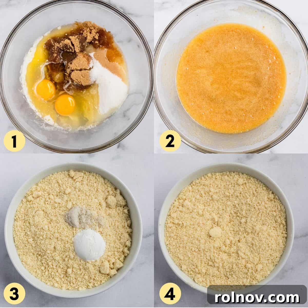 Two images side-by-side: left shows whisking wet ingredients, right shows combining dry ingredients in separate bowls.