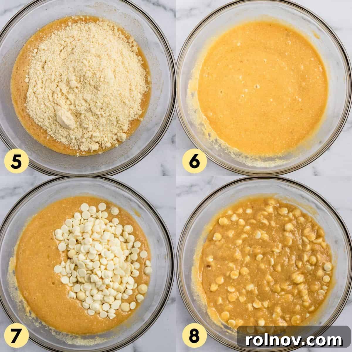 Two images side-by-side: left shows mixing dry into wet ingredients, right shows folding in white chocolate chips into the blondie batter.