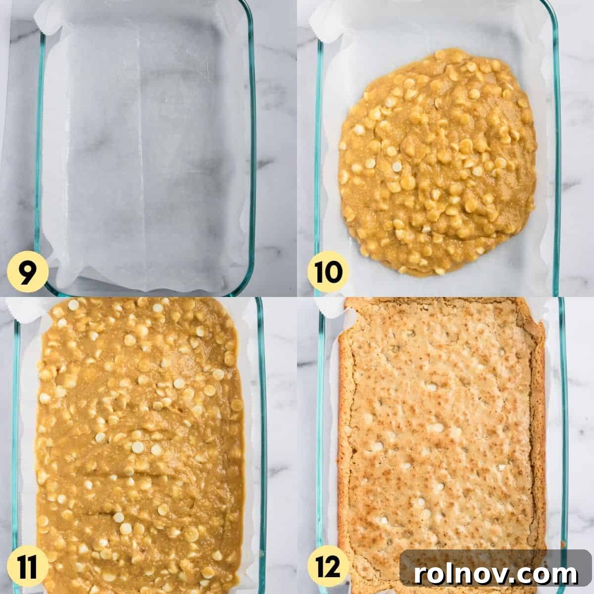 Freshly baked gluten-free blondies cooling in a parchment-lined pan on a wire rack.