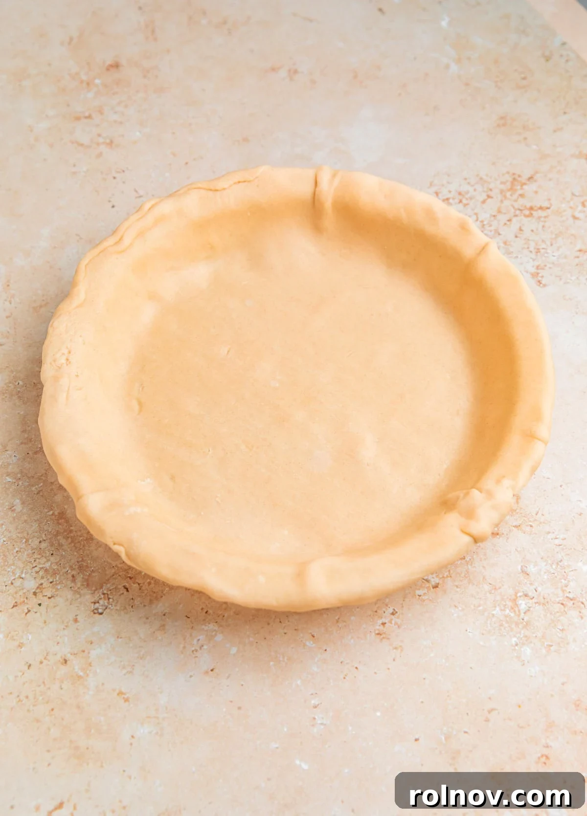 Hearty Beef Pot Pie 7 A store-bought pie crust neatly pressed into a 9-inch pie dish, forming the golden-brown base of the pot pie.