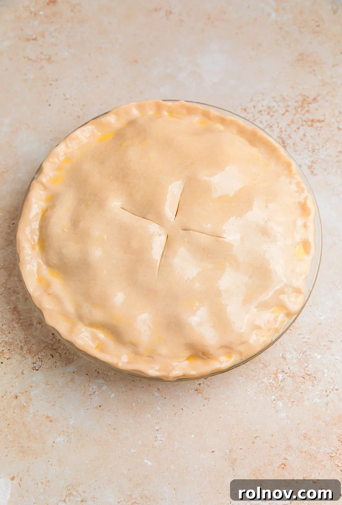 Hearty Beef Pot Pie 10 The top pie crust brushed with an even layer of egg wash and decorative slits cut for venting before baking to a beautiful golden sheen.