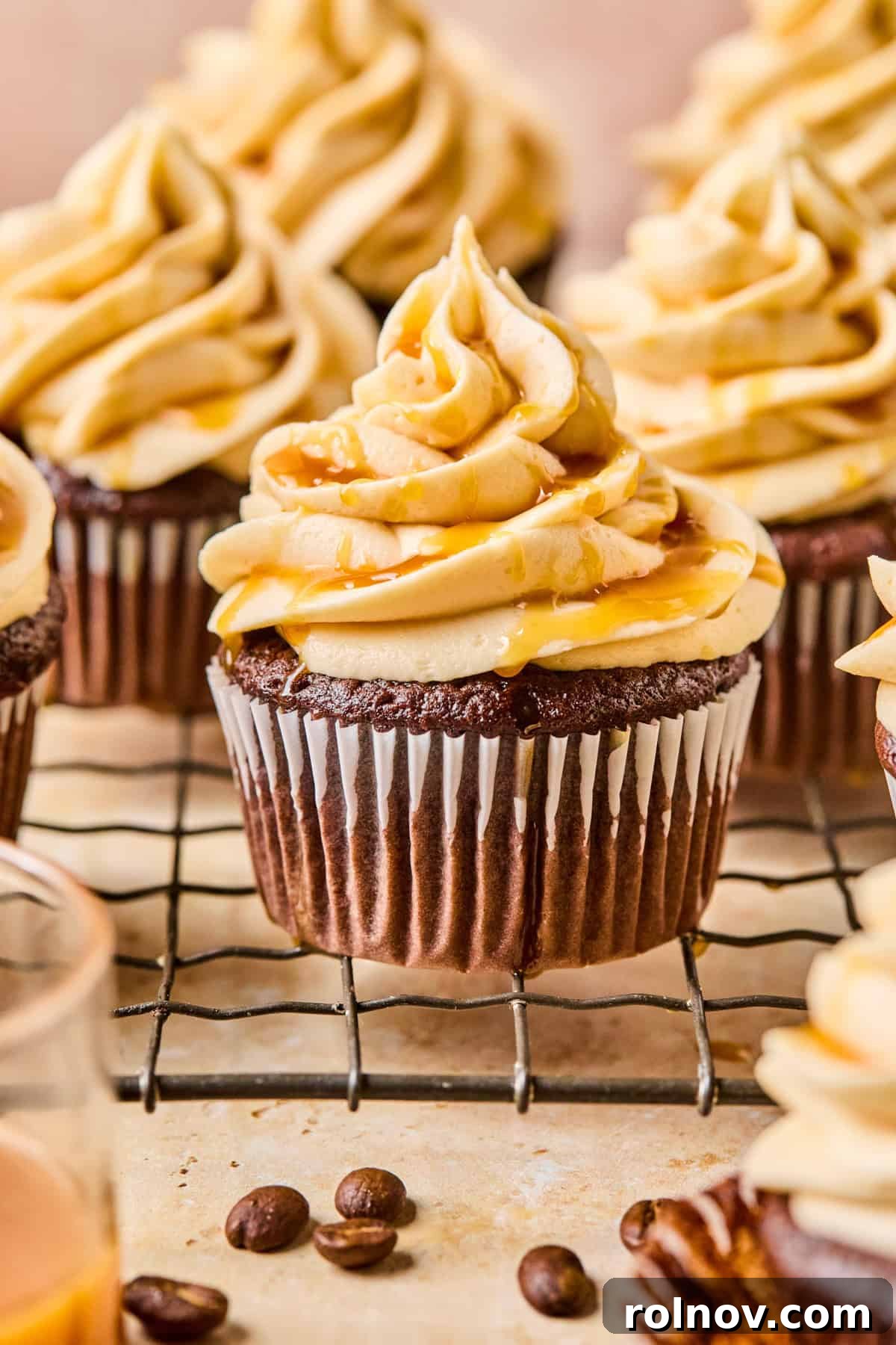 Salted Caramel Mocha Dream Cupcakes 2 Rich Mocha Cupcakes with swirls of golden Salted Caramel Buttercream, drizzled with extra caramel sauce, ready to be enjoyed.