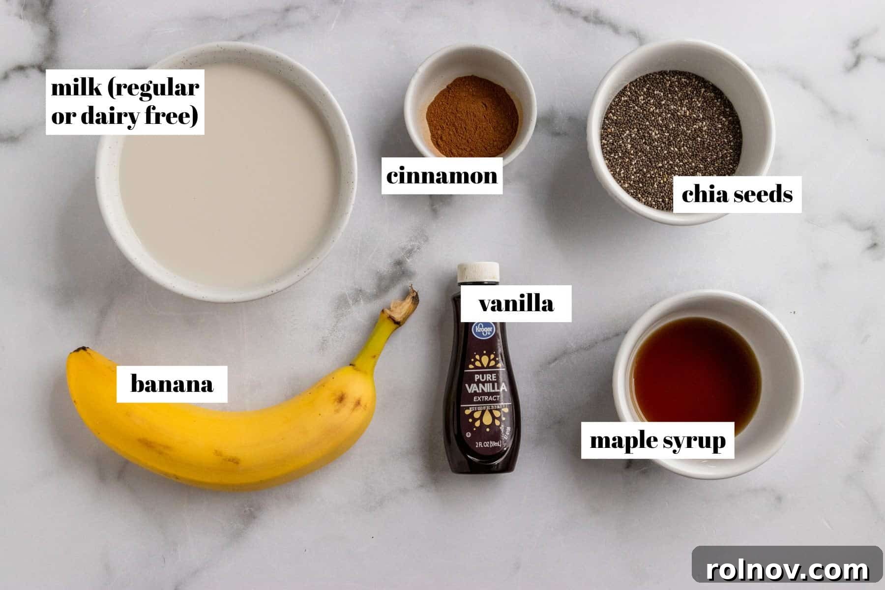 Wholesome Banana Chia Seed Pudding 3 Ingredients to make recipe on counter.
