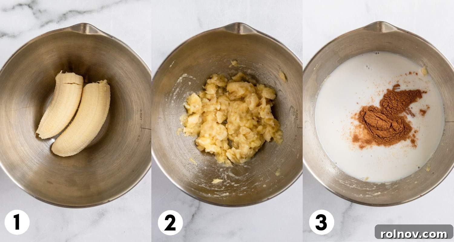 Wholesome Banana Chia Seed Pudding 4 Banana mashed in bowl and milk and cinnamon added to bowl.