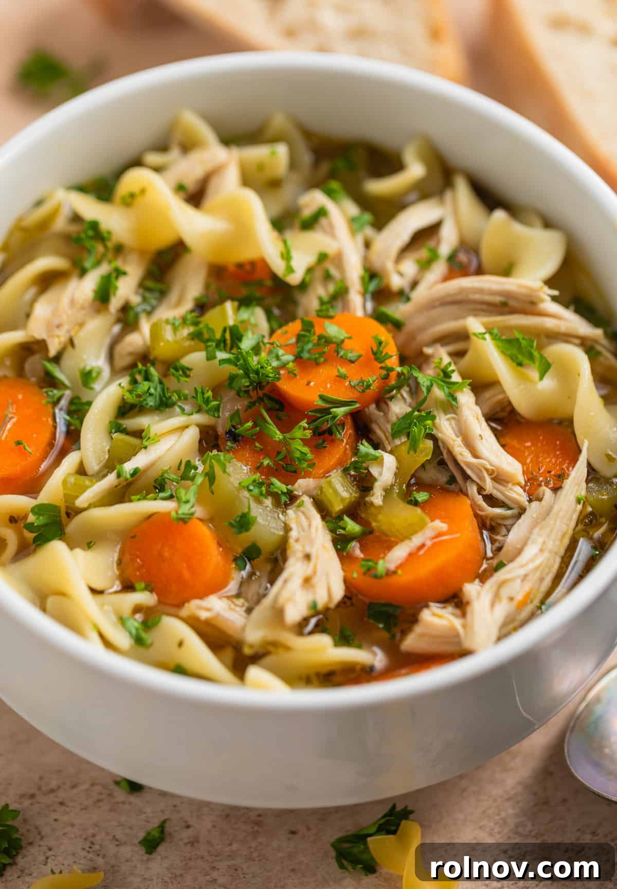 Shortcut Rotisserie Chicken Noodle Soup 4 Close-up view of a bowl filled with steaming rotisserie chicken noodle soup, showing generous chunks of chicken, tender carrots, celery, and a fresh sprinkle of parsley.