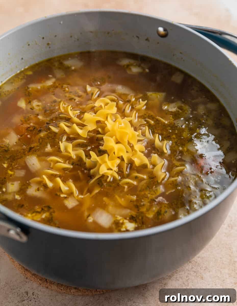 Shortcut Rotisserie Chicken Noodle Soup 8 Dry pasta being added to the simmering chicken soup pot, awaiting to be cooked to al dente perfection.