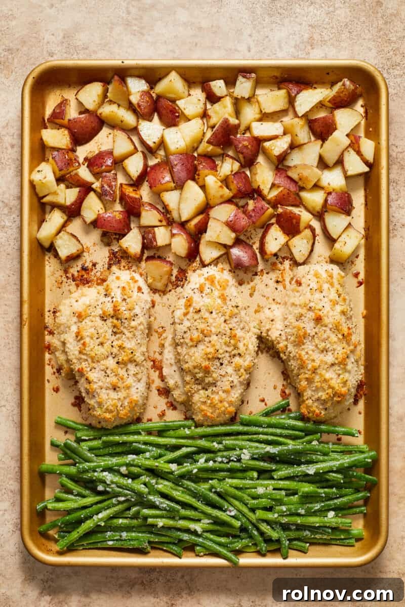 Golden Parmesan Chicken Sheet Pan Feast 10 Chicken, green beans and potatoes on sheet pan.