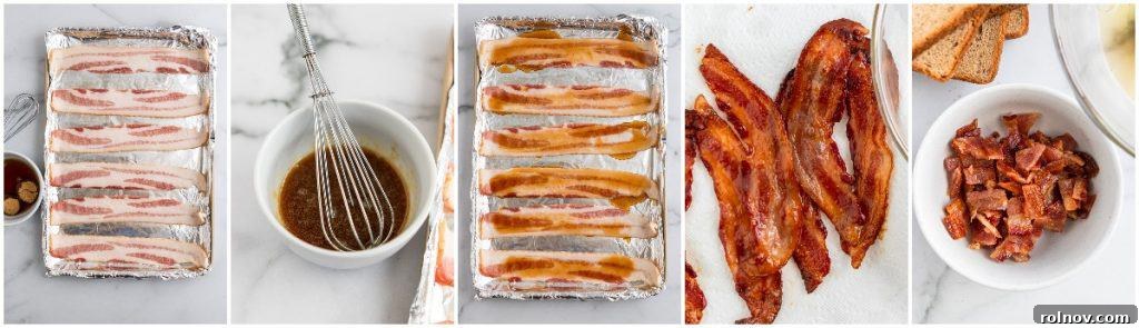 A step-by-step visual guide showing how to prepare maple bacon, from coating raw strips with syrup and brown sugar to baking them until perfectly caramelized.