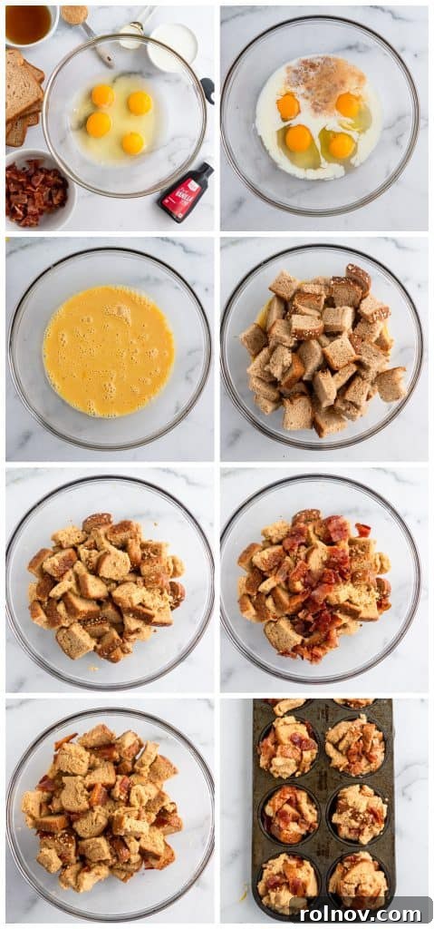 A visual collage illustrating the step-by-step process of making Maple Bacon French Toast Muffins, from mixing ingredients to baking in a muffin tin.