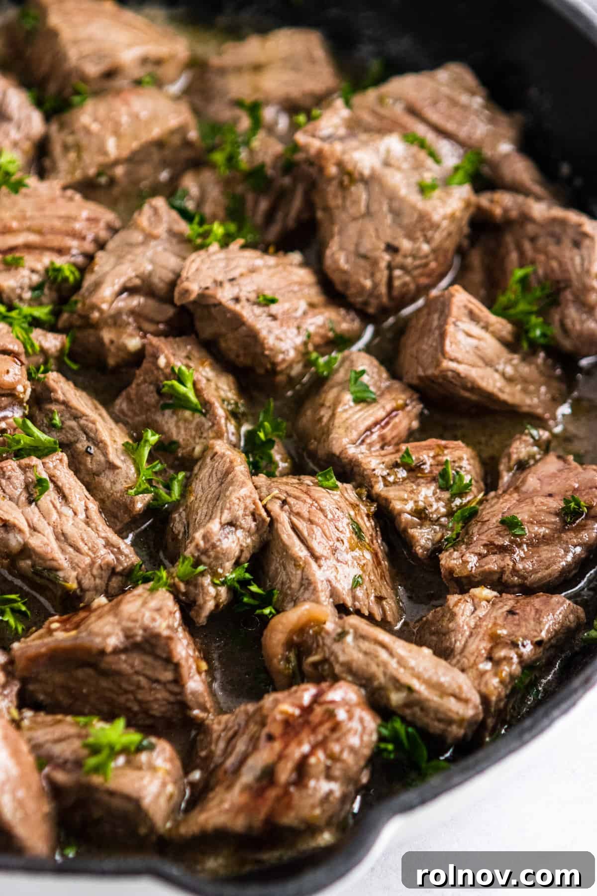 Close up of steak bites recipe.
