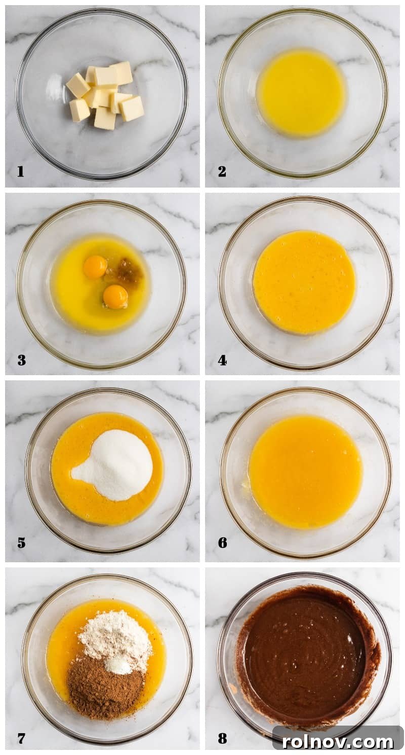 Steps to make brownie layer visuals. A collage of images illustrating the sequential steps for preparing the brownie batter, from mixing ingredients to spreading it in the pan.