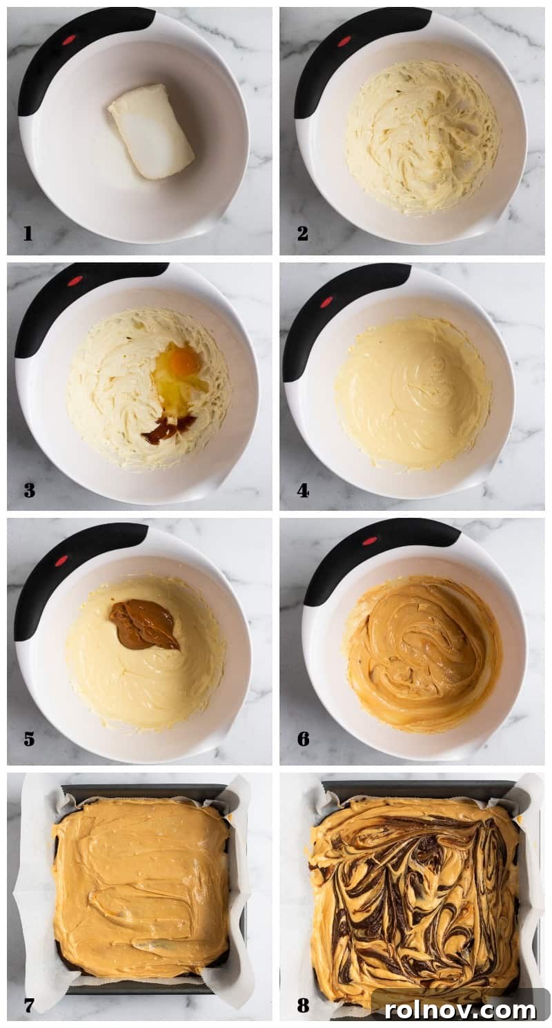 Steps to make cheesecake layer. A series of images demonstrating the process of making the cheesecake swirl, from mixing ingredients to swirling it into the brownie batter.