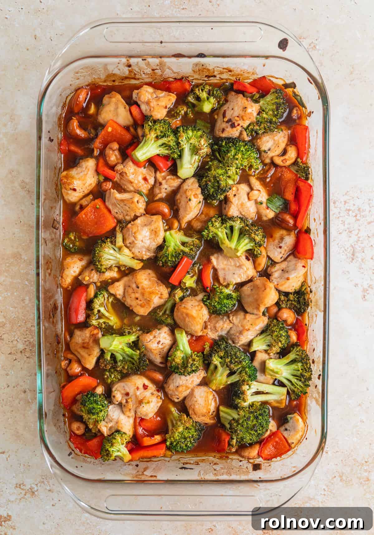 Golden Baked Cashew Chicken 8 Baked cashew chicken in pan right out of the oven.