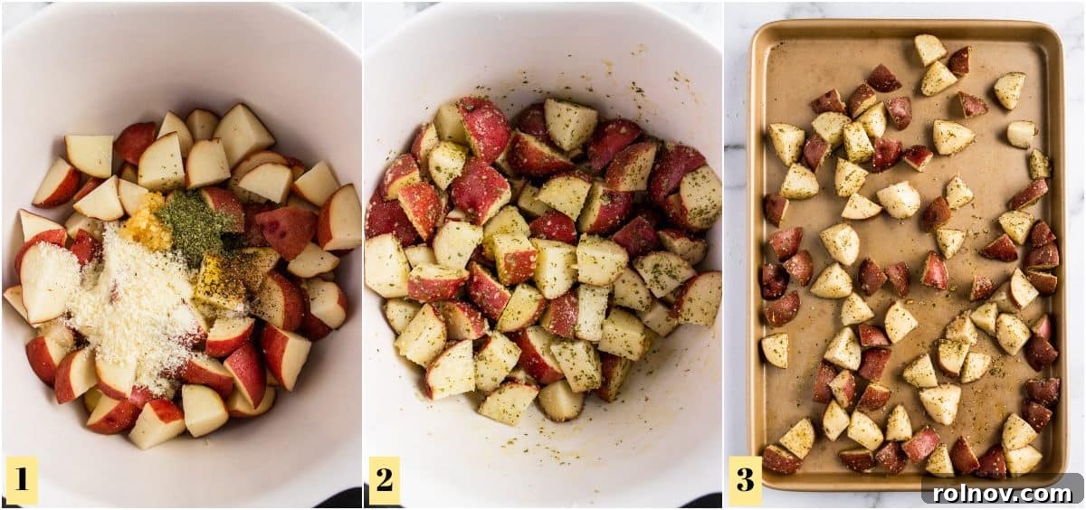 Parmesan Steak and Roasted Potato One-Pan Dinner 4 Process photos with seasoned potatoes in bowl and then on sheet pan.