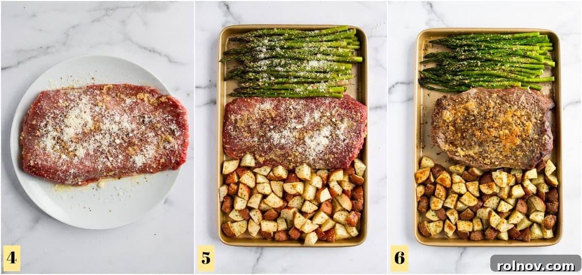 Parmesan Steak and Roasted Potato One-Pan Dinner 5 Steak seasoned on plate and then added to sheet pan.