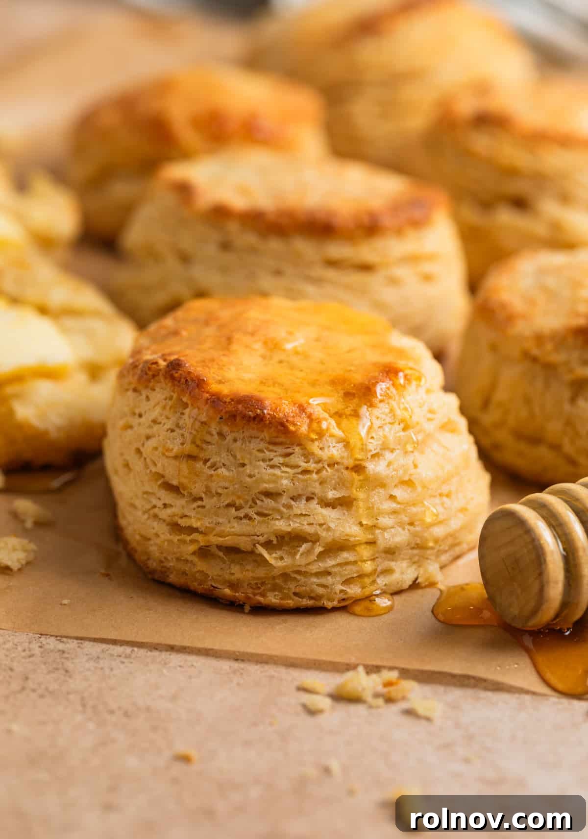 Golden Honey Biscuits 2 Golden-brown honey biscuits lined on parchment paper, with a delicate drizzle of honey over some.