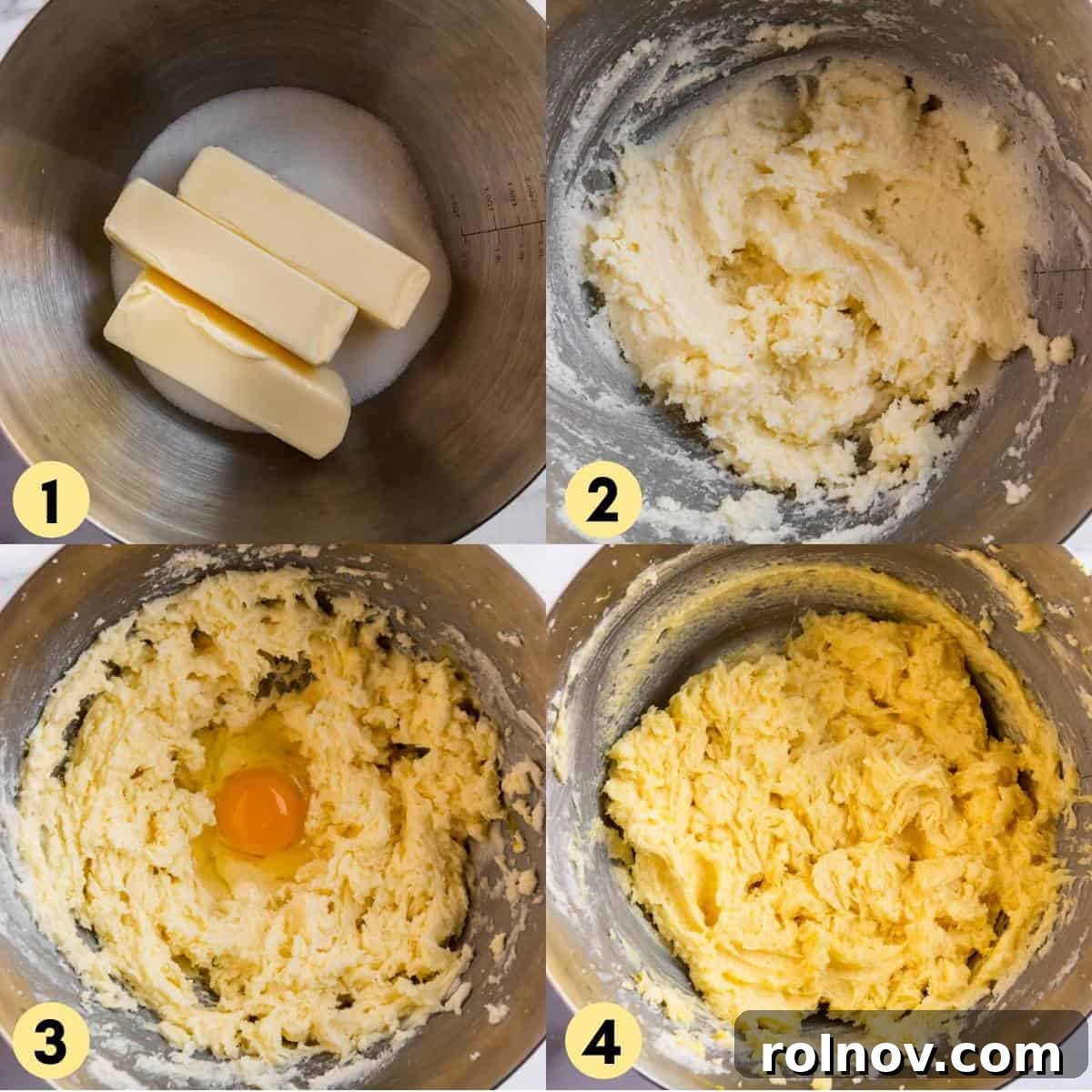 Effervescent Lemon Bundt Cake 5 Softened butter and sugar being creamed together in a mixing bowl, with eggs added in sequence.