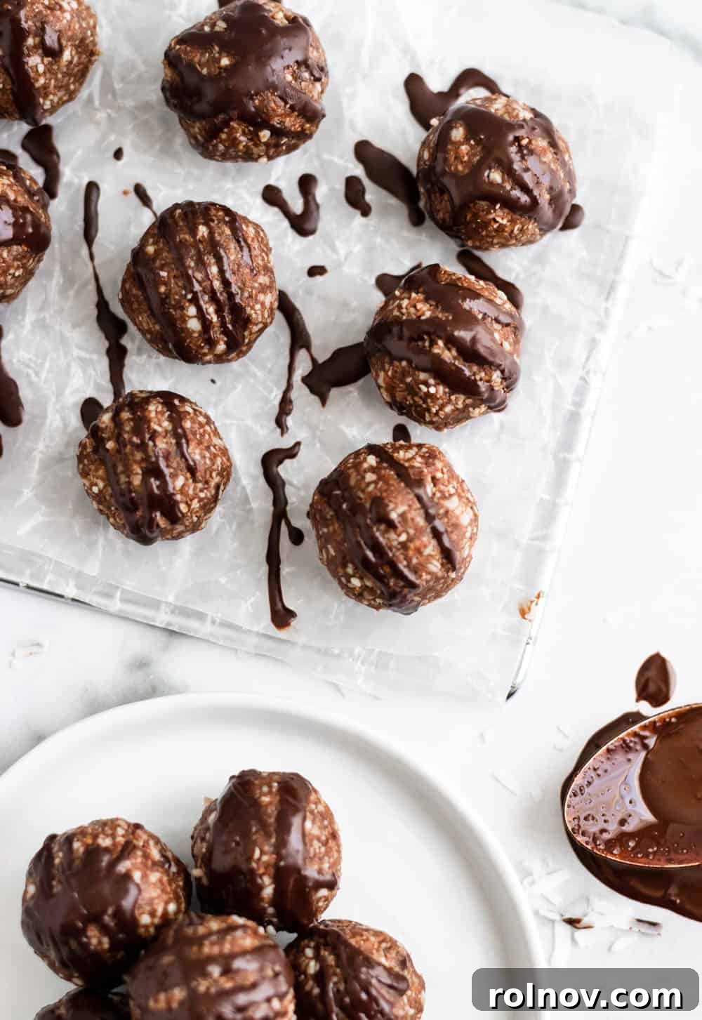 Chewy Chocolate Coconut Energy Bites 3 Close-up of fluffy and rich no-bake chocolate coconut date balls, showcasing their texture and inviting appearance.