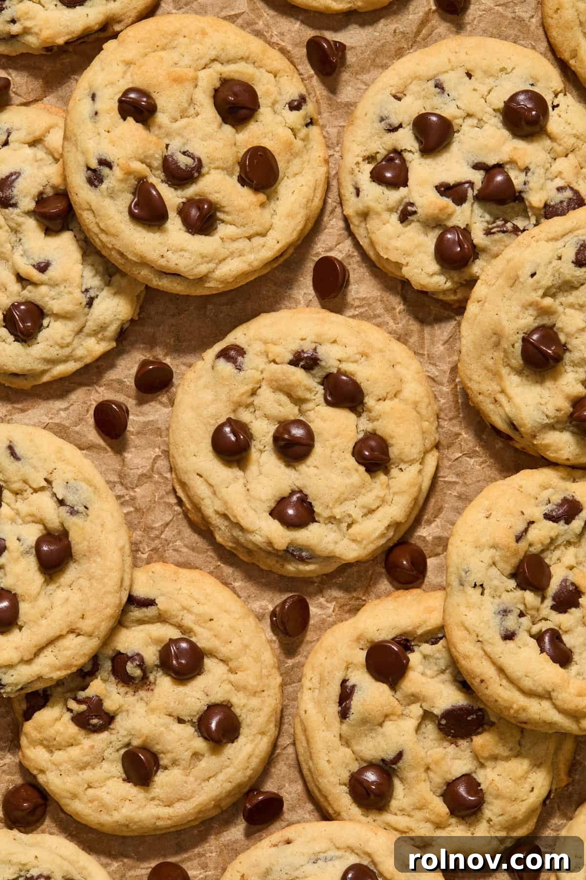 Soft and chewy eggless chocolate chip cookies arranged on parchment paper, surrounded by chocolate chips, highlighting their perfect texture.