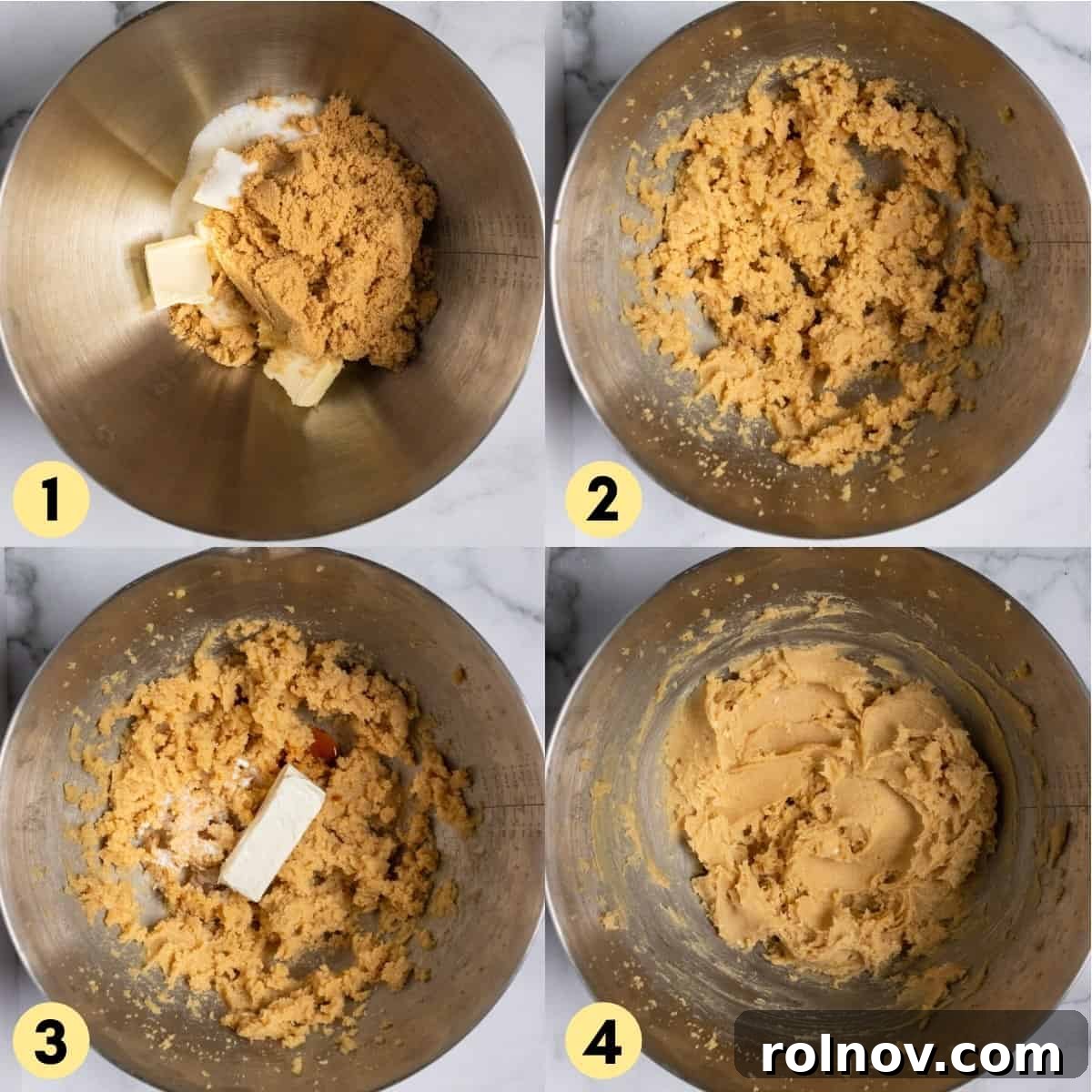 Creamed butter and sugars in a mixing bowl, ready for the next ingredients.