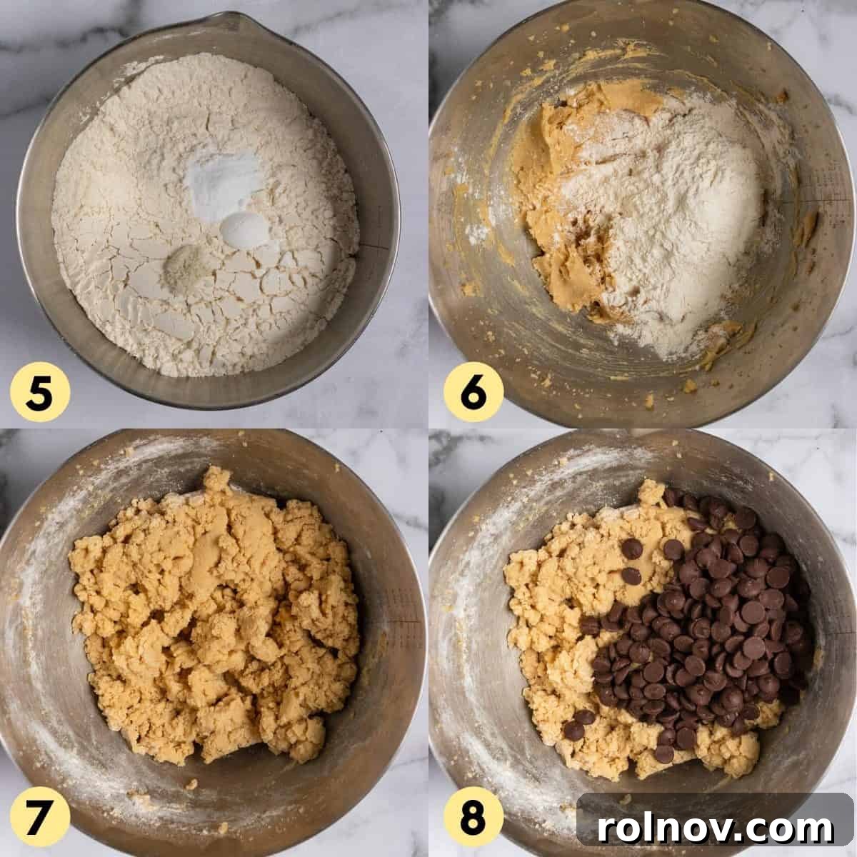 Dry ingredients being gently added into the wet cookie dough mixture in a mixing bowl.