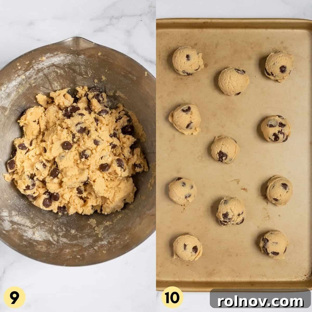 Perfectly portioned cookie dough balls arranged on a baking sheet lined with parchment paper, ready for baking.