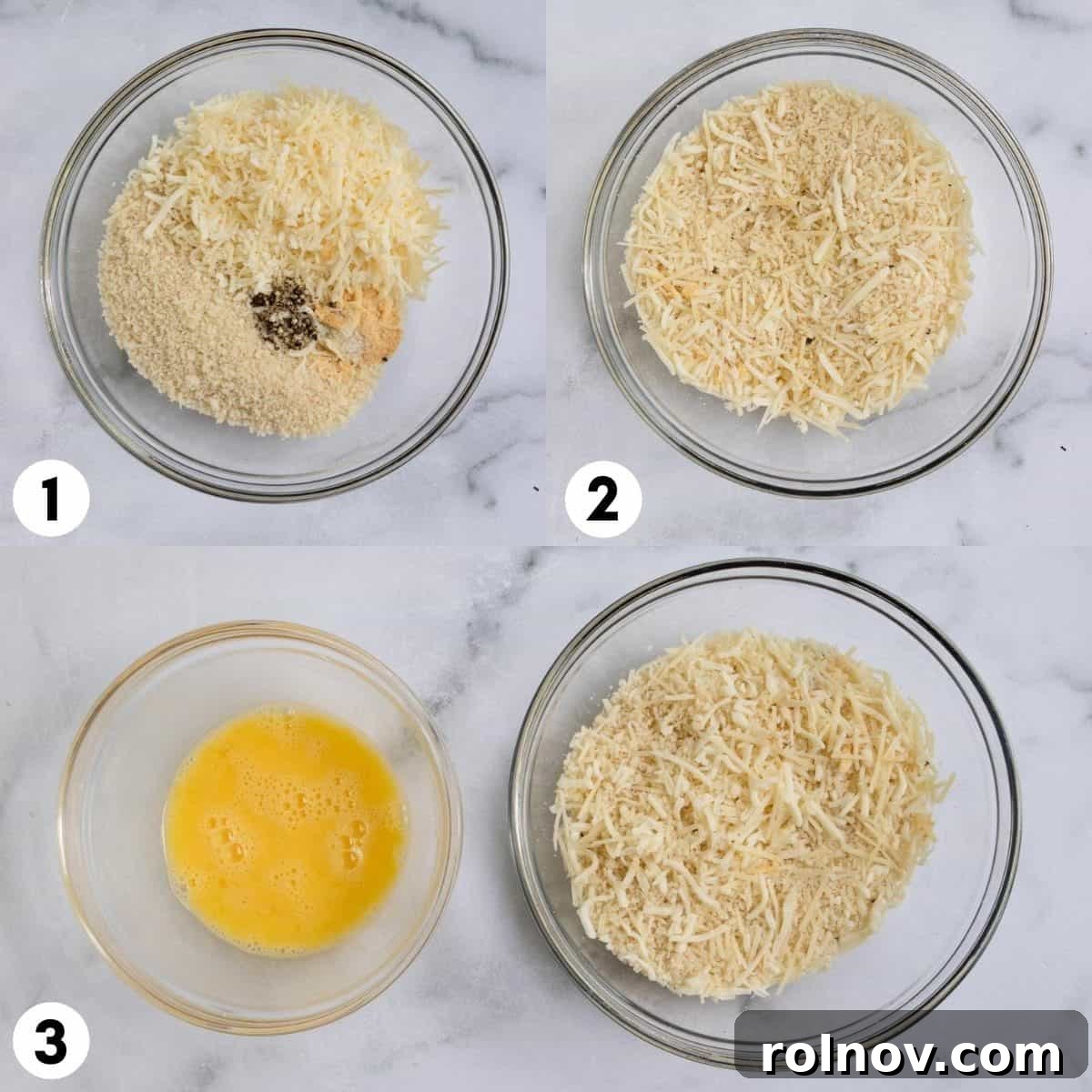 Crispy Three Cheese Air Fryer Zucchini 4 Two mixing bowls on a counter, one with whisked egg wash and the other with the panko and three-cheese blend.