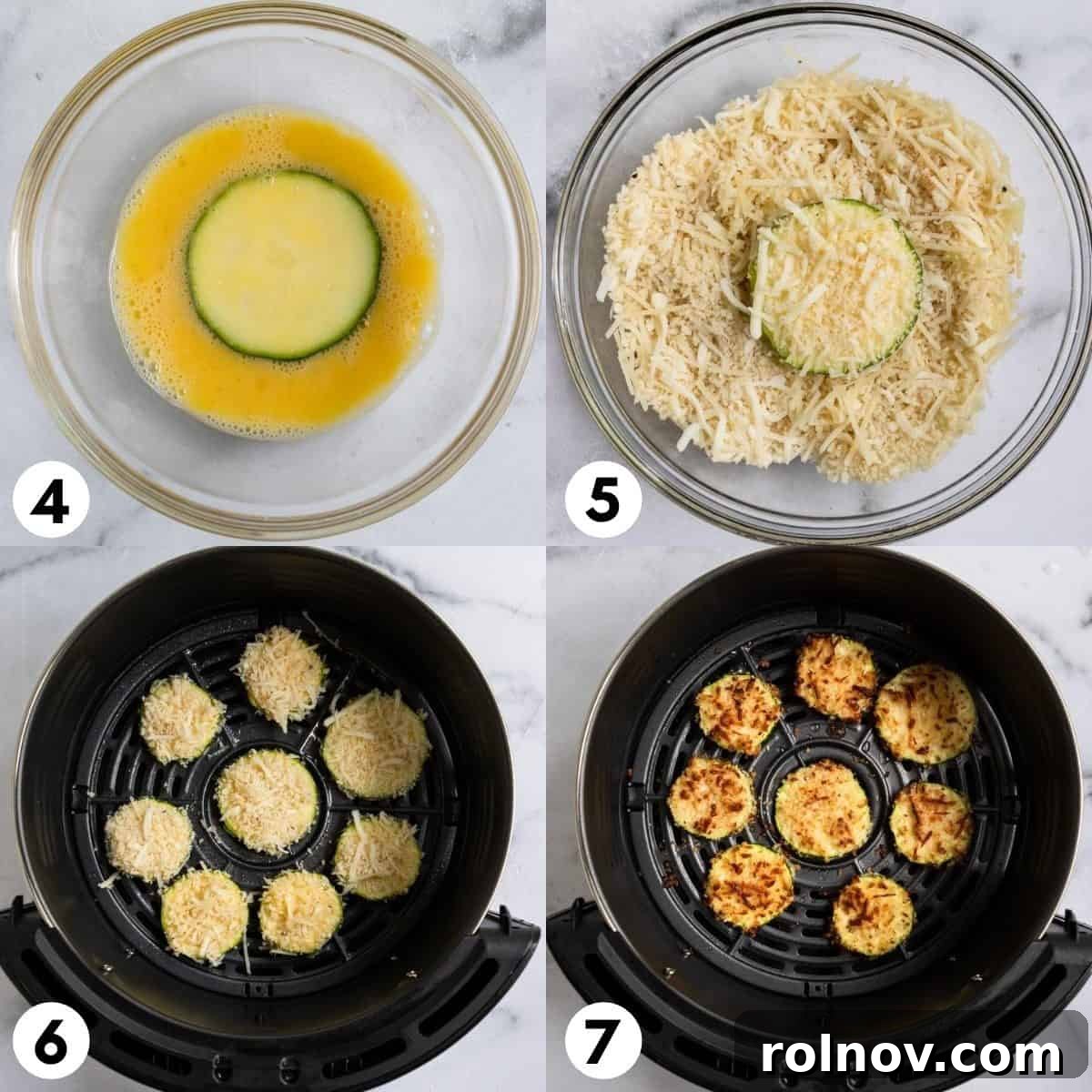 Crispy Three Cheese Air Fryer Zucchini 5 A close-up of zucchini slices being dipped first in egg wash and then coated heavily in the cheese and panko breading mixture.
