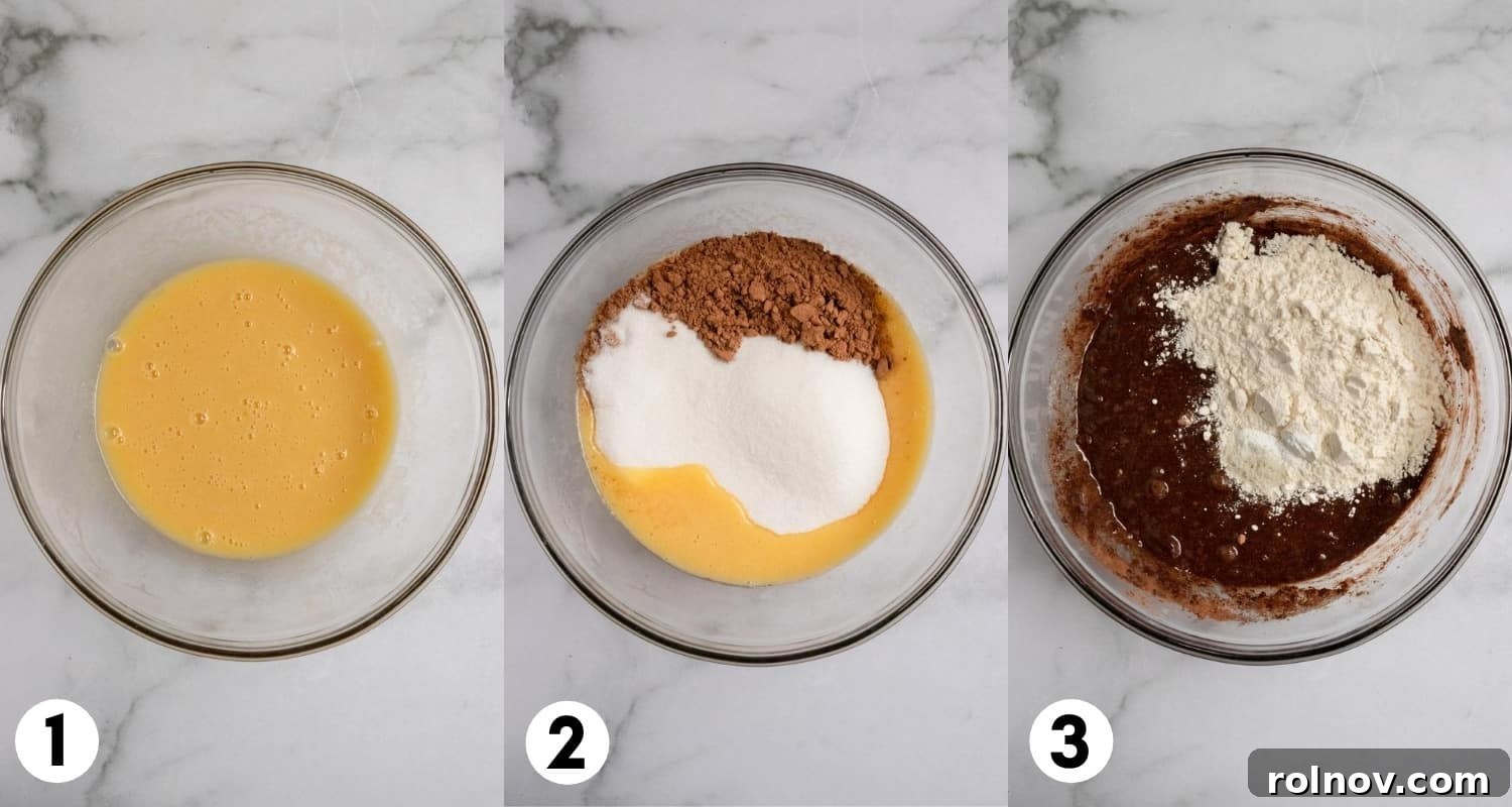 Gooey S'mores Skillet Brownie 4 Brownie batter being mixed in a bowl, showing the consistency before mix-ins.