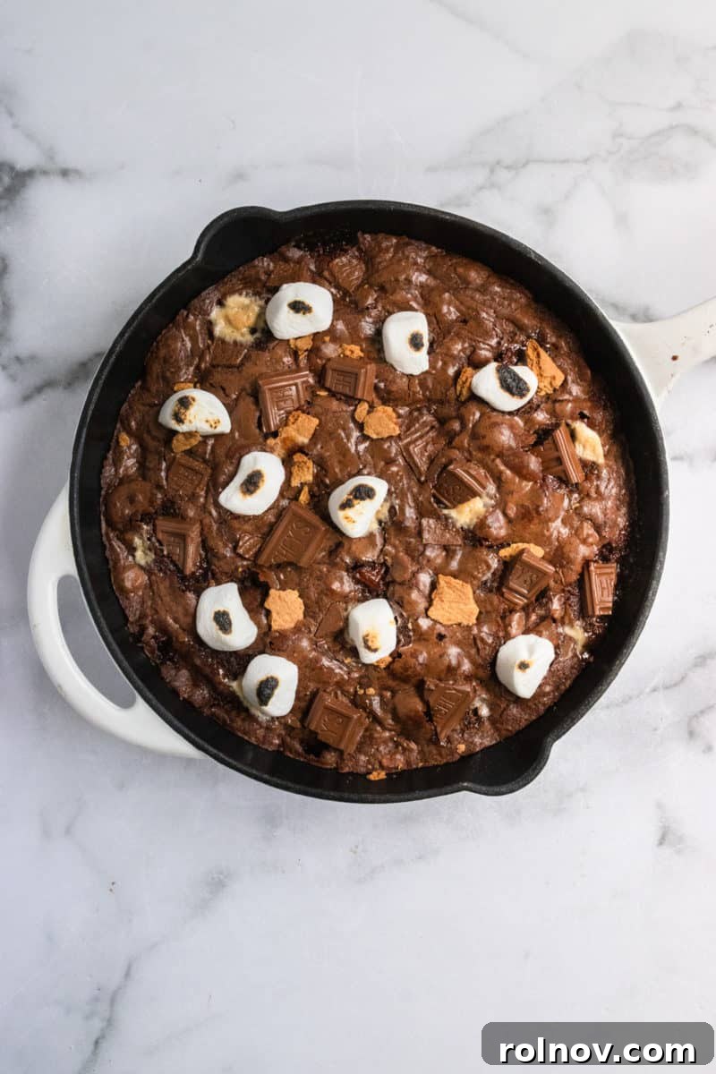 Gooey S'mores Skillet Brownie 7 Baked S'mores Brownie Skillet immediately out of the oven, before adding final toppings.