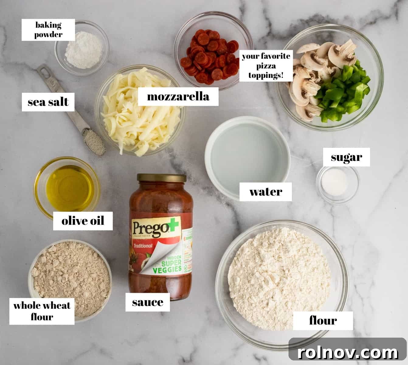 Stealthy Veggie Whole Wheat Pizza Bites 5 Pizza ingredients labeled on counter.