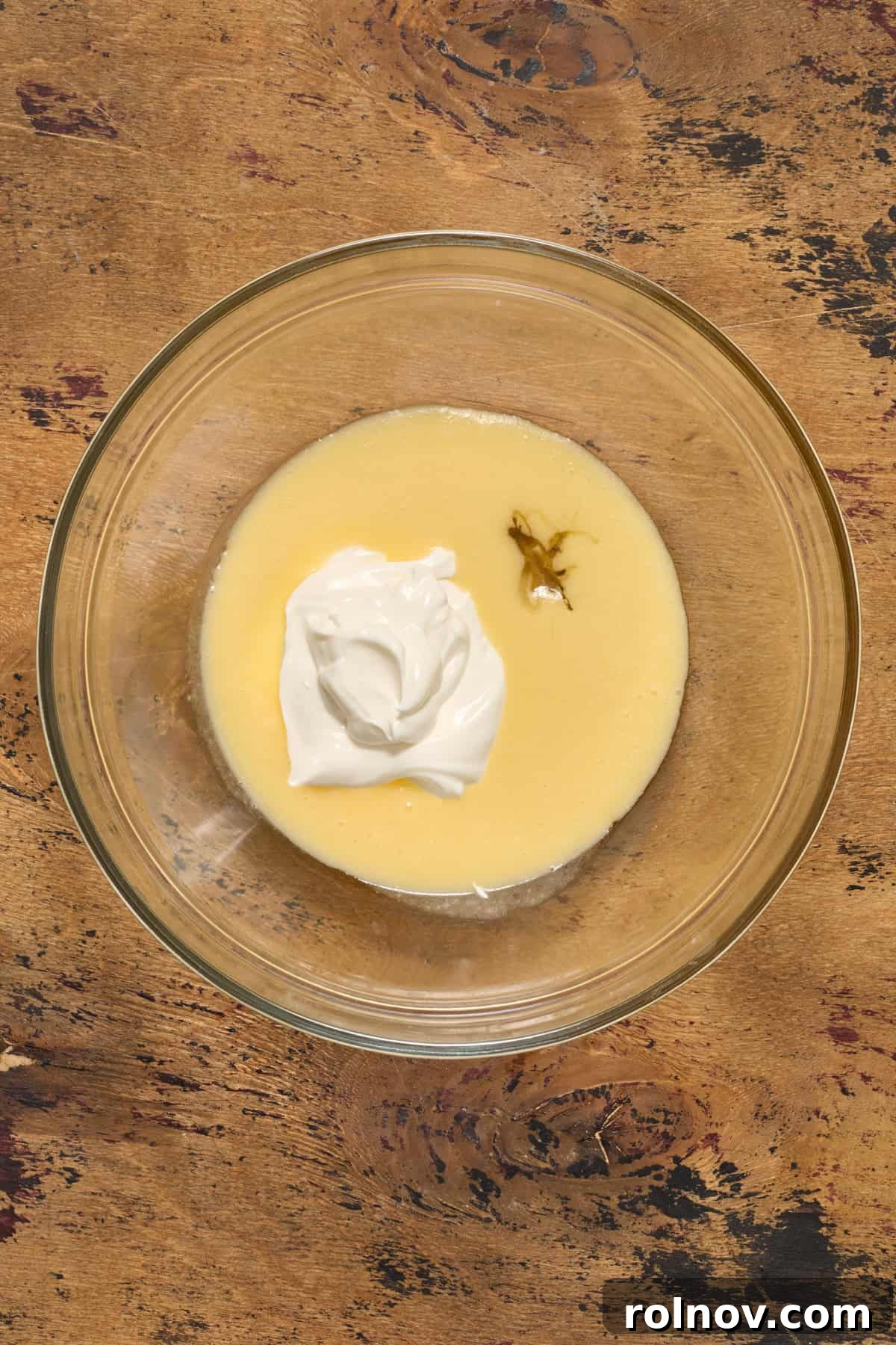 Golden Honey Cornbread Bake 5 Butter and egg whisked together and then honey and sour cream added.