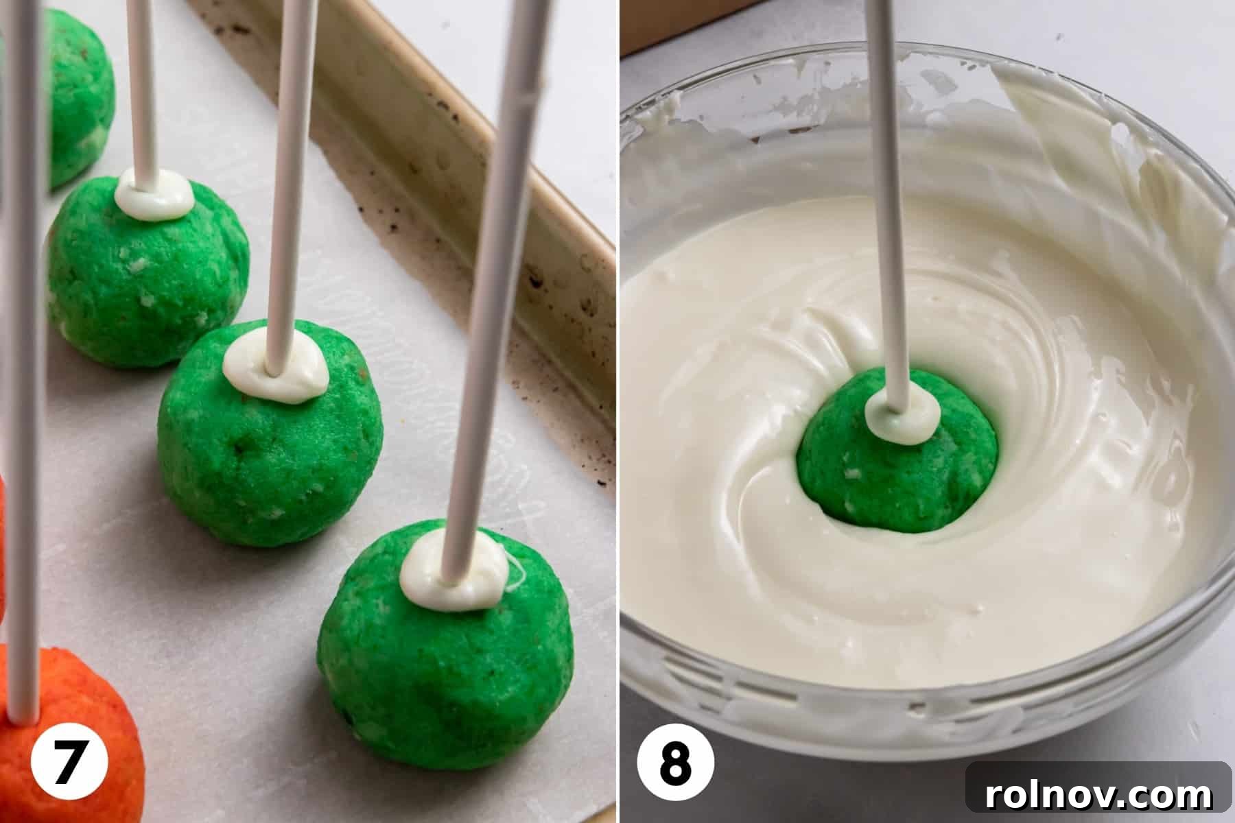 An array of cake pops with sticks firmly inserted, dipped partially in melted white chocolate to secure them, showcased on a clear glass plate.