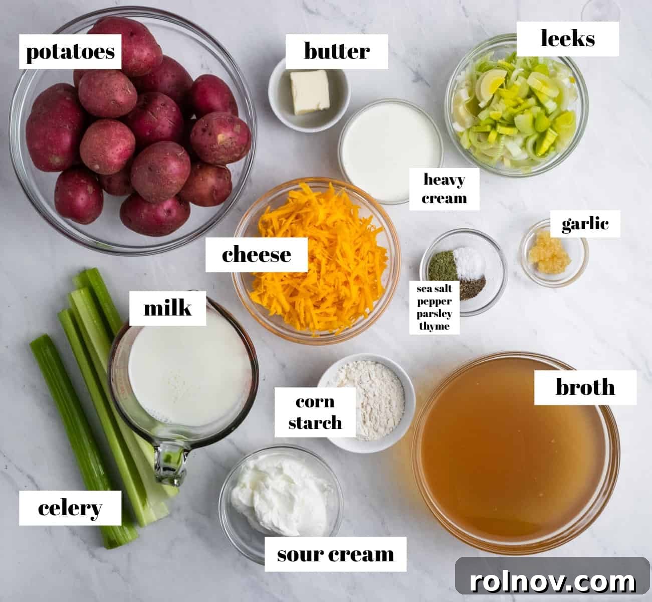 Creamy Instant Pot Potato Leek Soup 3 Potatoes, cheese, celery, cream and other soup ingredients labeled.