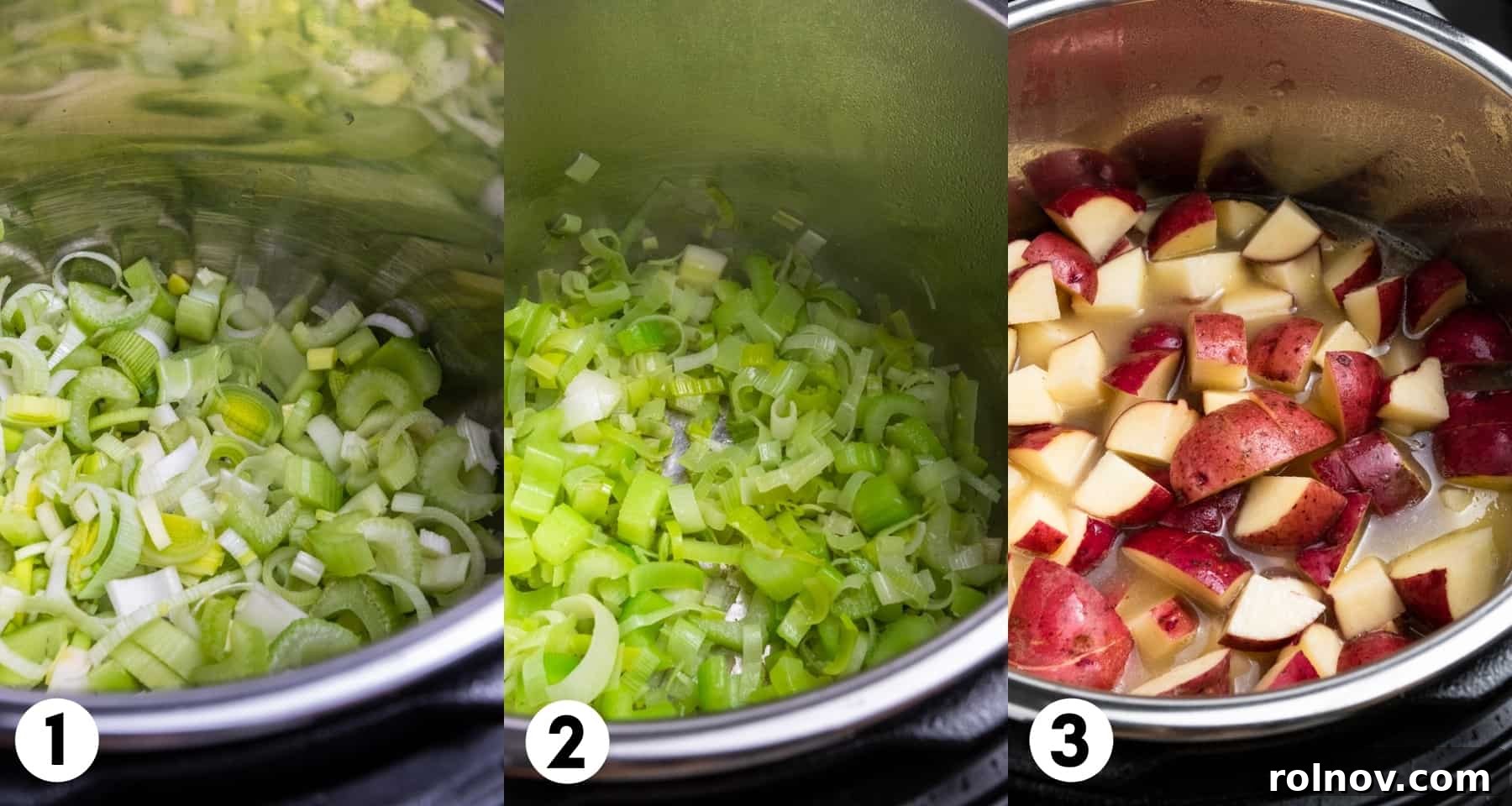 Creamy Instant Pot Potato Leek Soup 4 Leeks and celery in Instant Pot and then potatoes and broth added.
