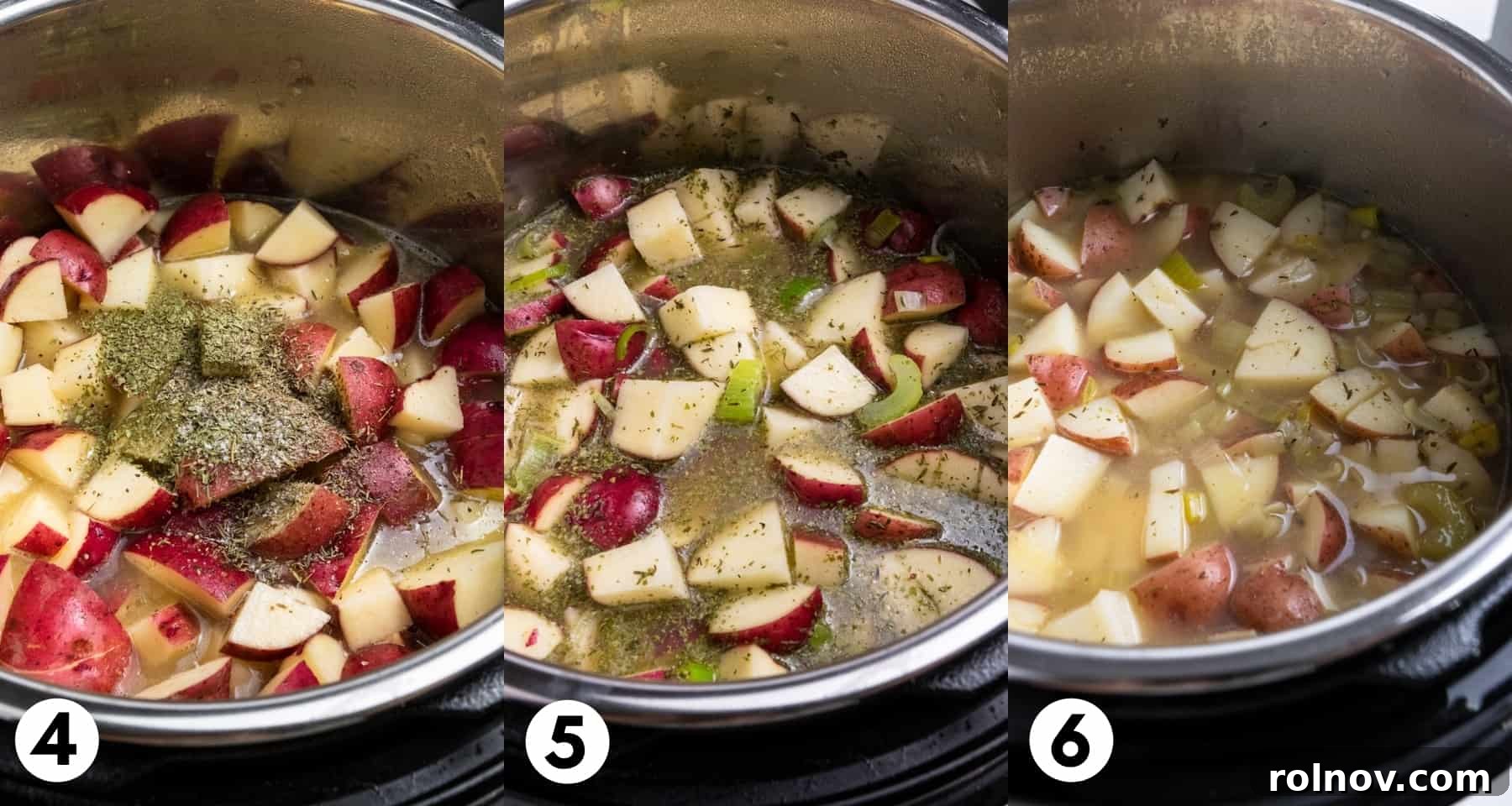 Creamy Instant Pot Potato Leek Soup 5 Potatoes in instant pot with broth and seasonings.