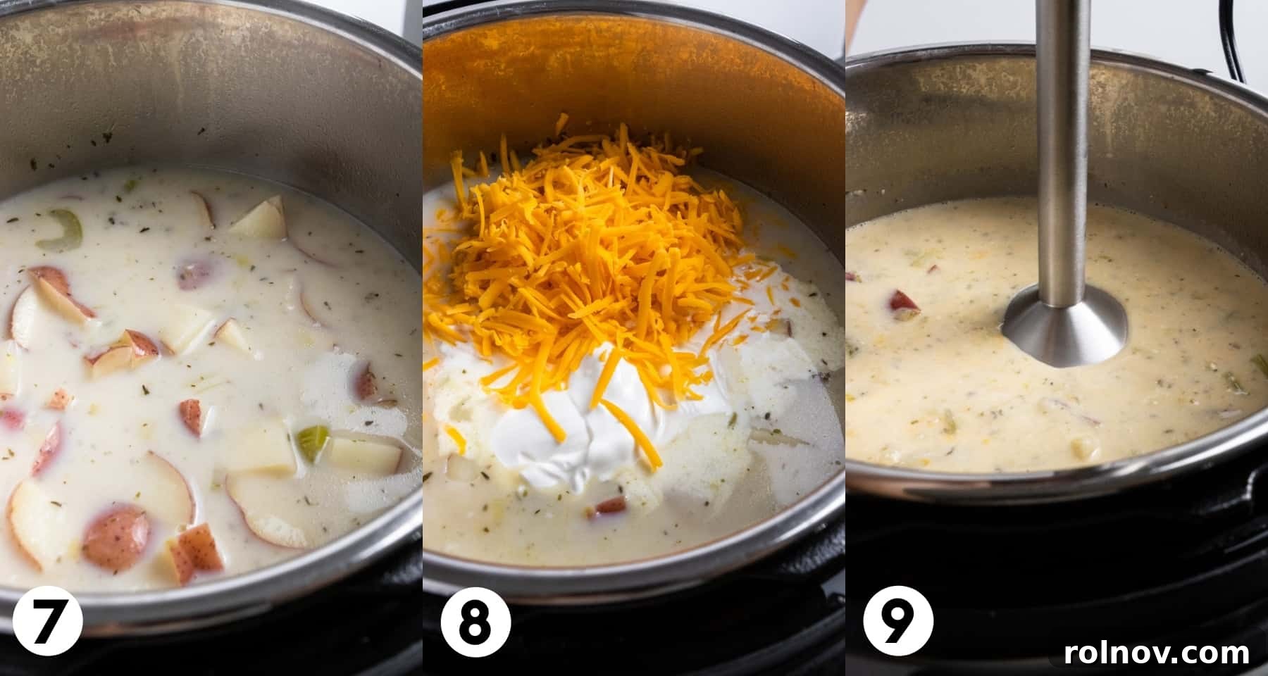 Creamy Instant Pot Potato Leek Soup 6 Cream added to soup pan with cheese and other ingredients.