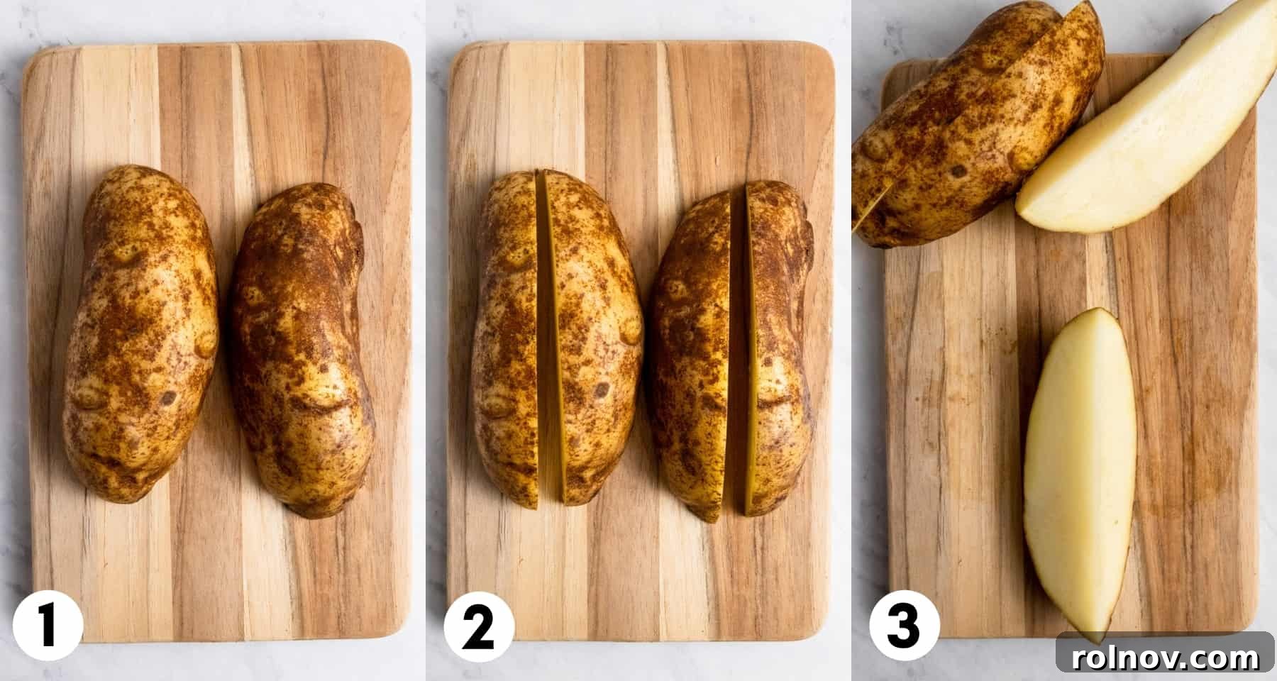 A close-up of potatoes being expertly cut into wedges on a wooden cutting board.
