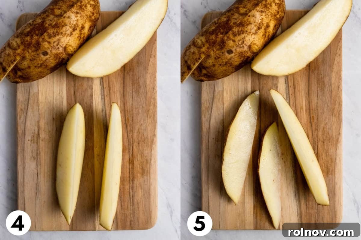Hands cutting potatoes on a cutting board, demonstrating how to achieve perfect wedges.