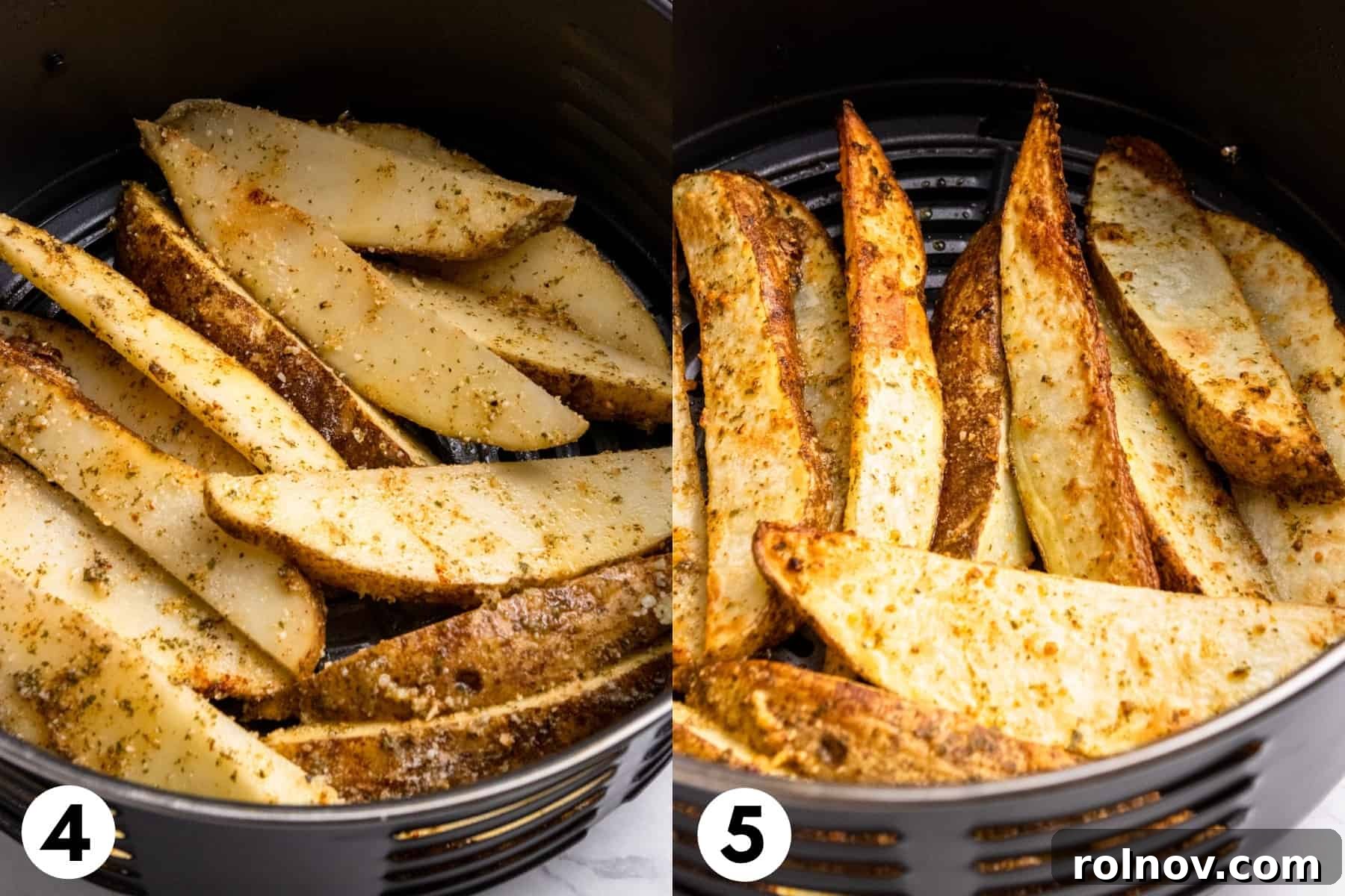 Air Fryer in action, showing potato wedges inside the basket during the cooking process.