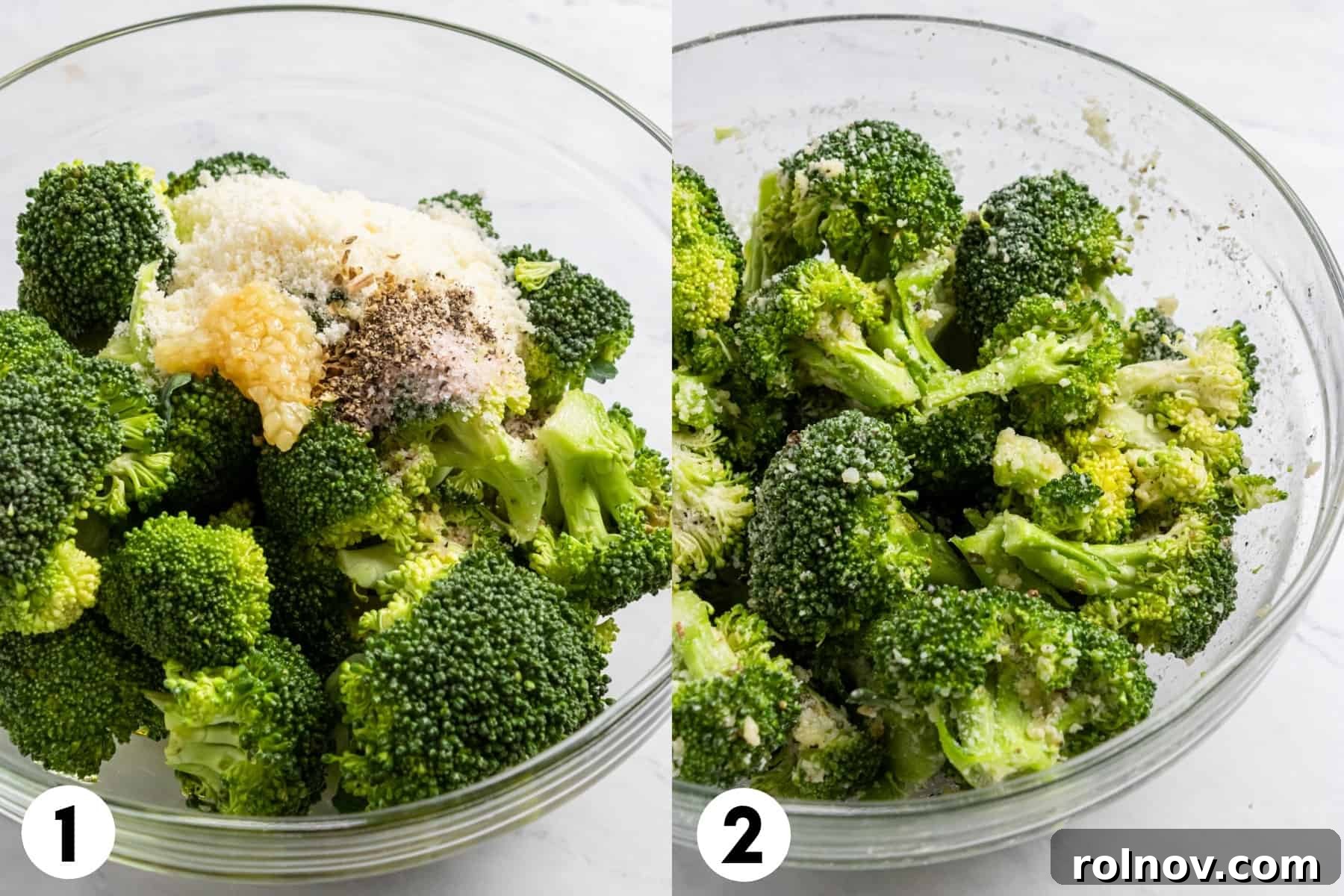 Easy Crispy Air Fryer Broccoli 4 Fresh broccoli florets mixed with olive oil, minced garlic, grated Parmesan, and various seasonings in a large mixing bowl.