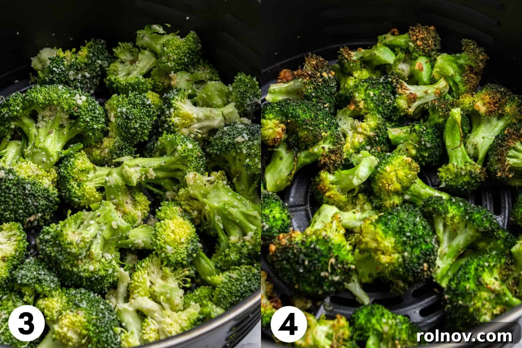 Easy Crispy Air Fryer Broccoli 5 Before and after comparison of broccoli in an air fryer basket, showing raw seasoned florets next to perfectly cooked, crispy, golden-brown ones.