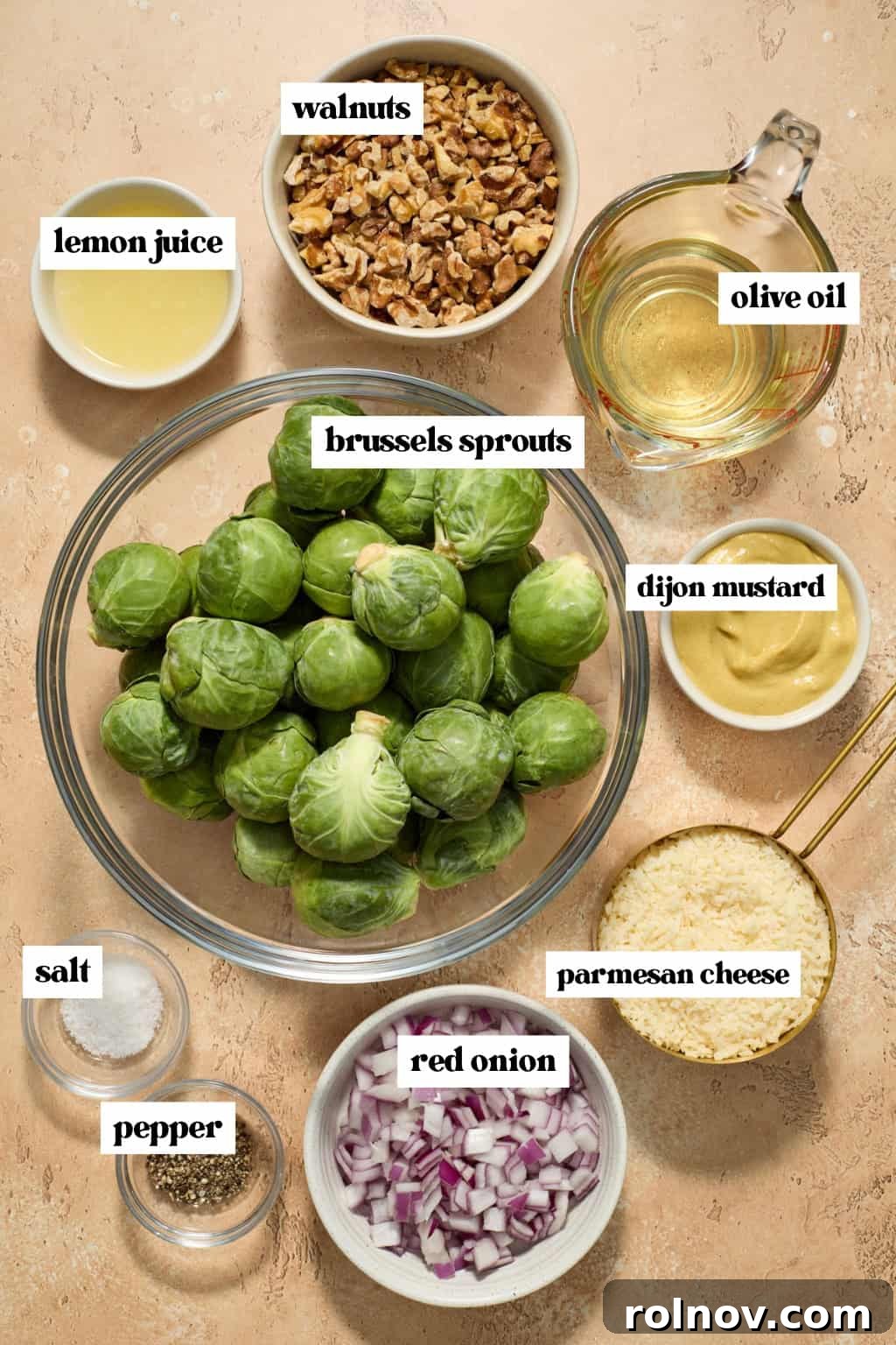 Zesty Brussels Sprout Slaw 3 Brussels sprouts in bowl, walnuts, chopped onion, parmesan and other ingredients labeled on surface.