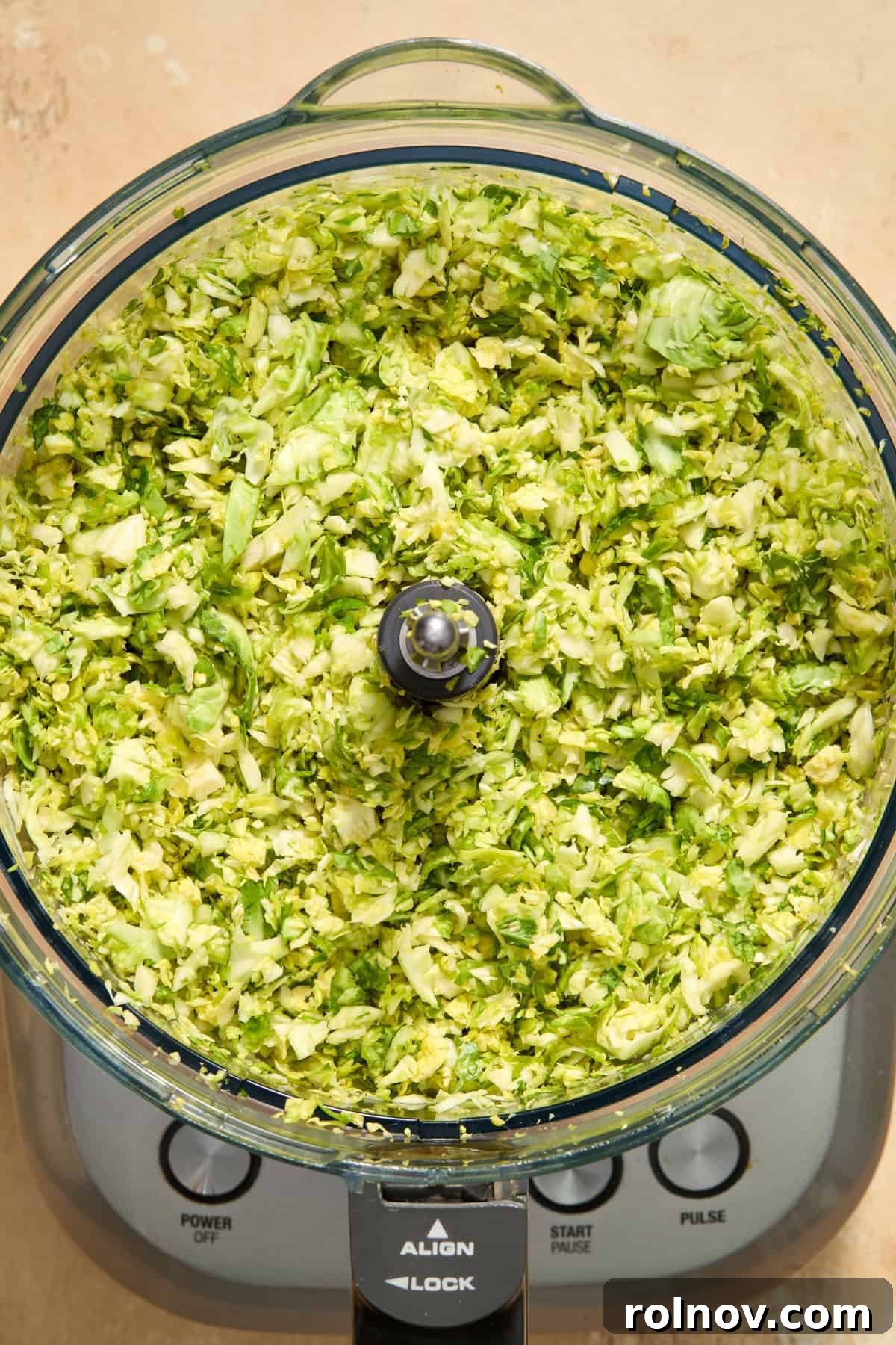 Zesty Brussels Sprout Slaw 5 Shredded Brussel sprouts in food processor.