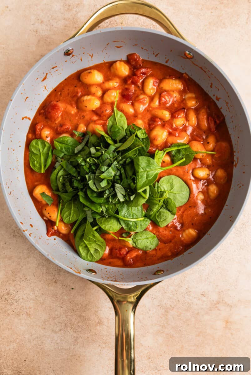 Quick and Easy 15 Minute Tomato Basil Gnocchi 7 Fresh spinach and chopped basil being added to the skillet with tomato basil gnocchi.