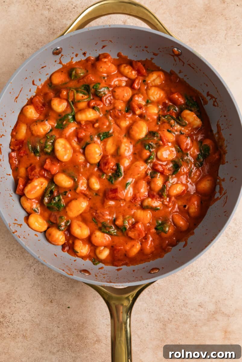 Quick and Easy 15 Minute Tomato Basil Gnocchi 8 Completed tomato basil skillet gnocchi with wilted spinach, ready to serve.