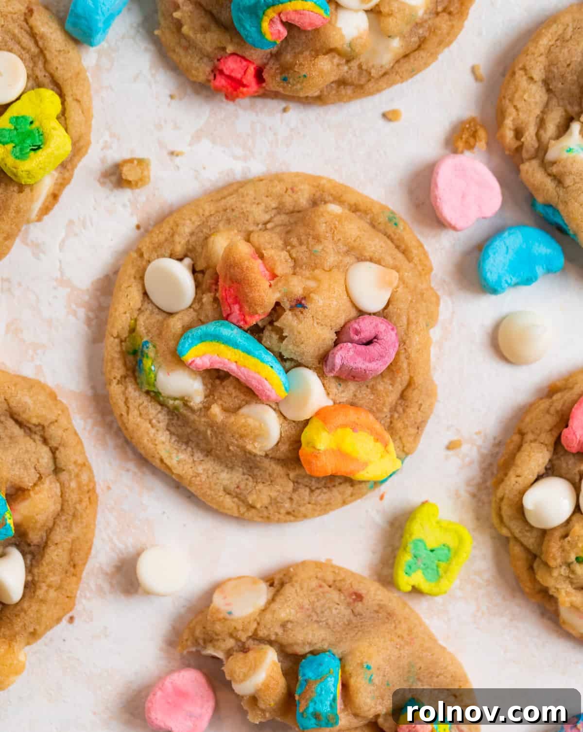 Charmed Bites 2 Freshly baked Lucky Charm Cookies with white chocolate chips and marshmallows artfully arranged on a kitchen counter, invitingly ready to be enjoyed.