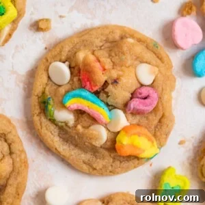 Lucky Charms cookies laying on counter with marshmallows and white chocolate chips surrounding.