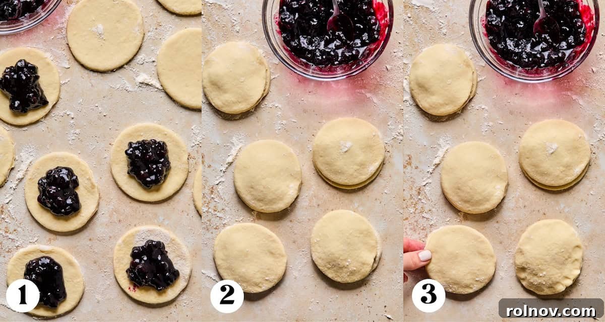 Crispy Air-Fried Blueberry Turnovers 13 Sequential images demonstrating how to fill a pie crust circle with blueberry filling and then cover it with another crust.